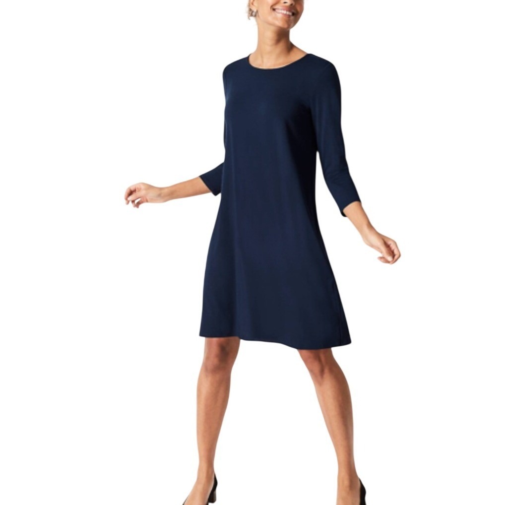 J. Jill Wearever Navy Blue 3/4 Sleeve A-Line Knit Dress Petite Size Small